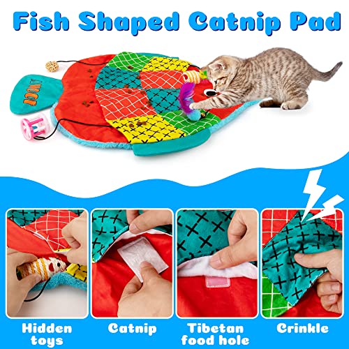 Image of AWOOF Cat Mat, Cute Soft Catnip Mat, Cat Activity Mat Machine Washable Cat Play Mat for Small Medium Large Cats with 8 Pockets, Crinkle Paper Self-Warming Kitty Snuggle Mat Interactive Catnip Toys