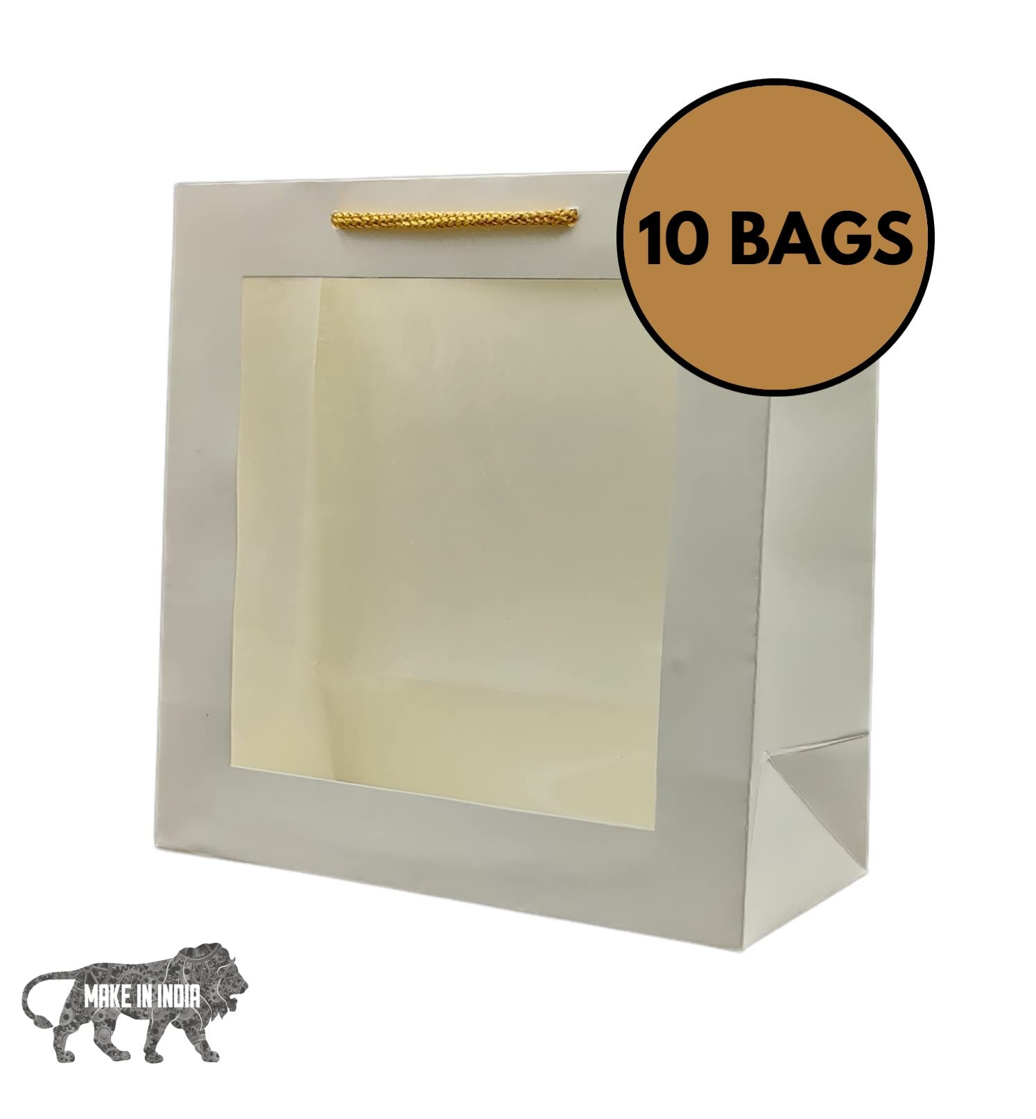 Arrow Paper Products White Transparent Window Bag Printed Gift Bags For Gifting | Weddings | Birthday | Holiday Presents (Size 9 X 9 X 4 Inch | Pack of 10) 1