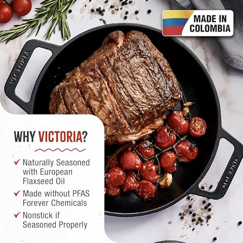 Image of Victoria Cast Iron Round Grill Pan with Double Loop Handles, Made in Colombia, 10 Inches