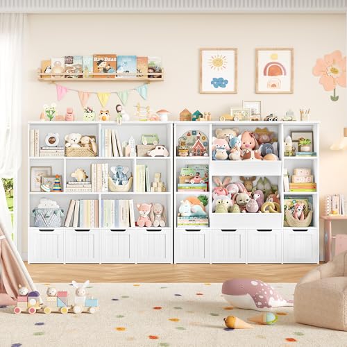 FINETONES Toy Storage Organizer, Kids Bookshelf with 4 Movable Chests and 7 Storage Cubes, Toy Chest Storage with Hidden Wheels, Toy Organizers and Toy Storage, White - Image 6