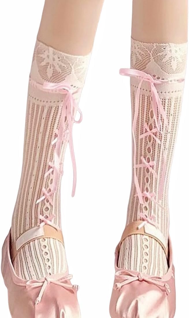 Kawaii Lace Lolita Socks - Women's Y2K Balletcore Sweet Bow Ribbon Socks Mesh Sheer Trouser Socks Japanese Harajuku JK Fishnet Stockings Gothic Punk High Tube Sock for Mary Jane Shoes (Pink)