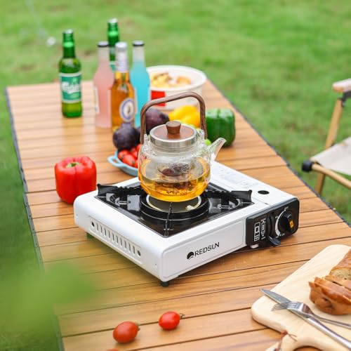 Portable Butane Gas Stove C3 – Infrared Burner Single Burner Camp Stove with Rear Heating Stand, White Countertop Cooktop for Outdoor Camping, Fishing, RV, Coffee, Heating