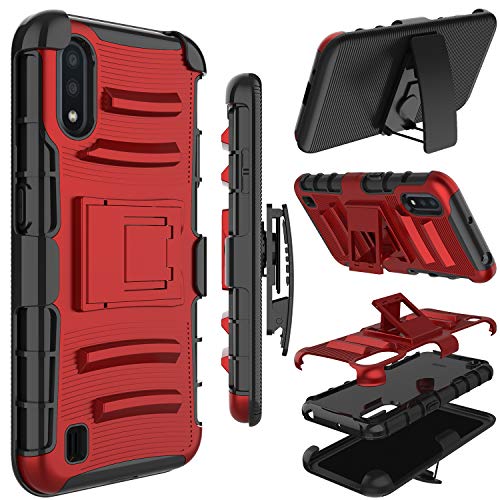 Samsung Galaxy A01 Case, Yunerz Holster Heavy Duty Shockproof Full-Body Protective Hybrid Case Cover with Swivel Belt Clip and Kickstand for Samsung Galaxy A01 5.7inch (red)