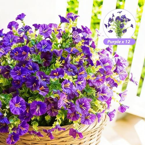 Image of 12 Bundles Artificial Flowers for Outdoors, Faux Silk Morning Glory(Purple) | Artificial Flowers UV Resistant Fake Eucalyptus Plants for Spring Summer Garden Patio Home Decor