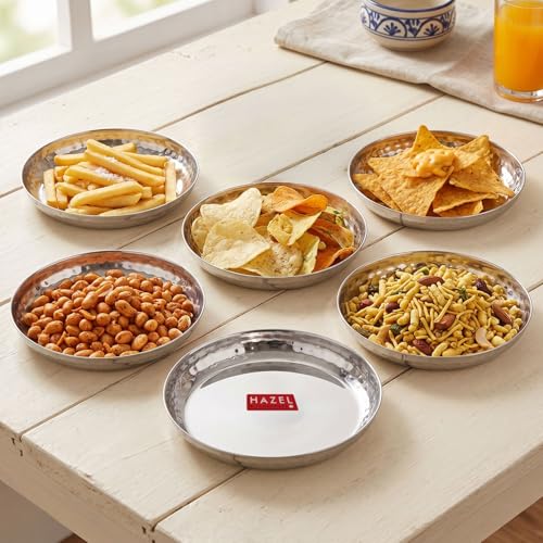 Image of HAZEL Stainless Steel Small Plate 15.5 cm, Pack of 6 | Hammered Finish Side Wall Round Steel Thali for Snack Plate for Daily Use Home, Office & Restaurant