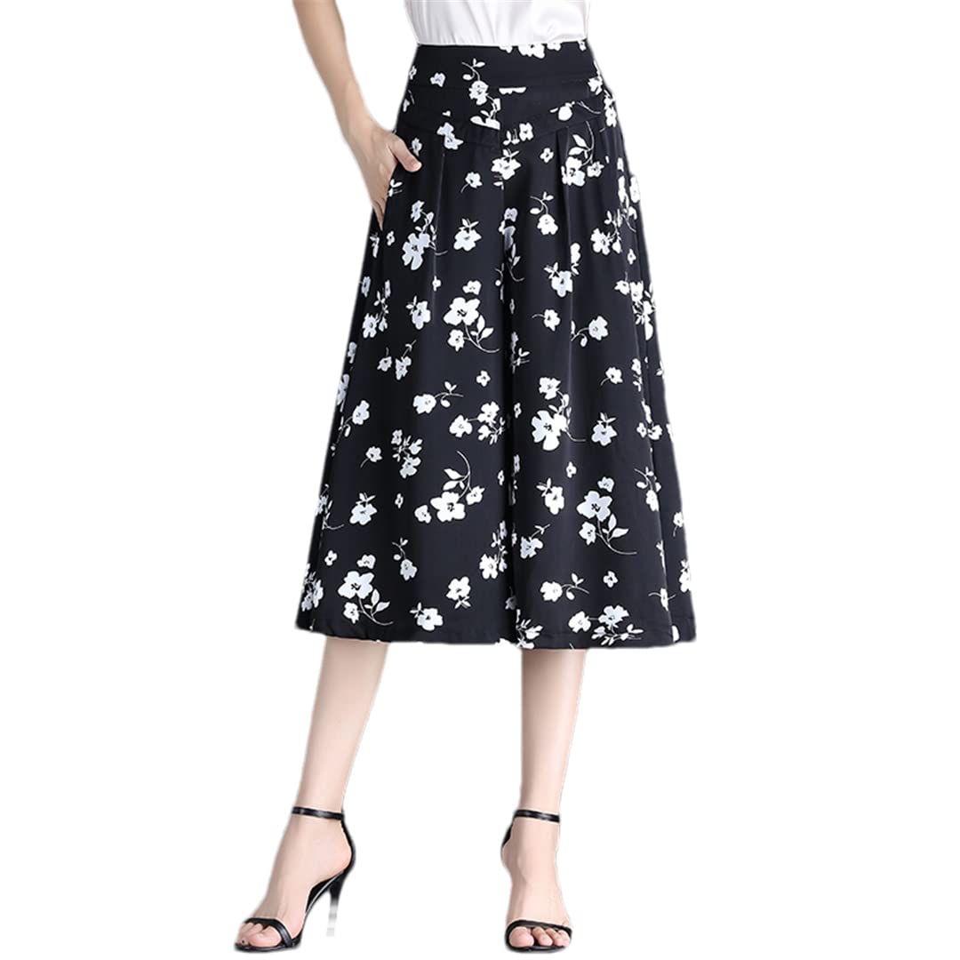 Deepsko Womens Summer Printed Chiffon Loose Elastic High Waist Wide Leg Pants Black