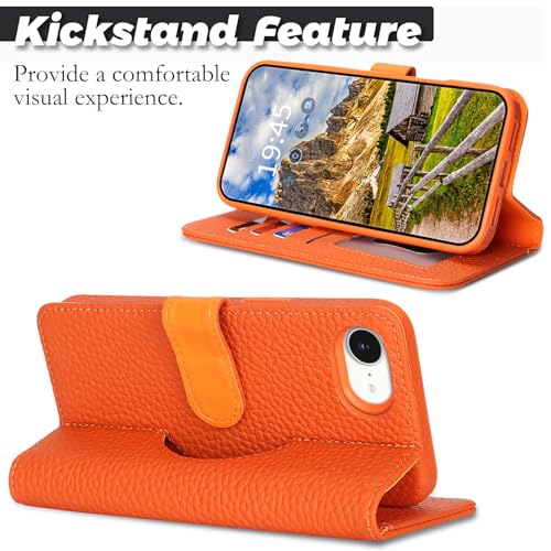 Image of Detachable Genuine Leather Case for iPhone 16e / iPhone 17e Wallet Case Magnetic 2in1 Removable Flip Cover Book Purse Compatible with Magsafe Charging Kickstand Card Holder-Orange