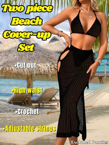 Women Sexy Two Piece Crochet Swimsuit Coverup, Slit Maxi Bikini Skirt Cover Up, Sheer Boho Bathing Suit Beach Outfits2