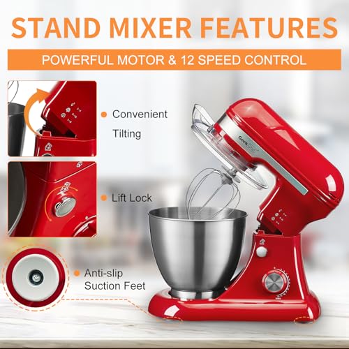 Image of Geek Chef Electric Stand Mixer, 4.8QT 12 Speeds Tilt-head Food Mixer with Dough Hook, Whisk, Beater, Bowl, Rotary Knob for Home Kitchen Use, Bright Red
