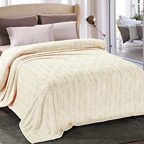 Whale Flotilla Flannel Fleece King Size Blanket for Bed, Soft Fluffy Velvet Bedspread Coverlet with Decorative Vintage Pattern for All Season, Warm and Lightweight, 90x104 Inch, Ivory