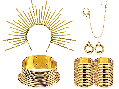 Junkin 5 Pcs African Jewelry Sets for Women with Gold Egypt Choker Bracelet African Nose Rings Hoop Chain Earrings Crown Headpiece Sunburst Spiked Headband for Halloween Cosplay Costume