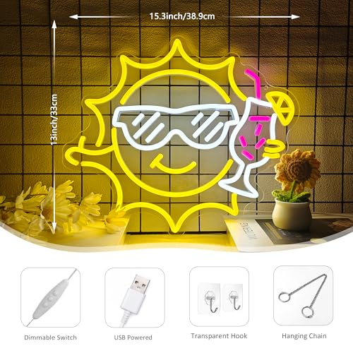 Image of Bar Neon Sign for Wall Decor, Funny Neon Sign for Beach Bar Pub Sandbeach Beverage Shop, Sun Sunglasses Drinks Led Sign with Dimmer, Summer Decoration USB Powered with Switch