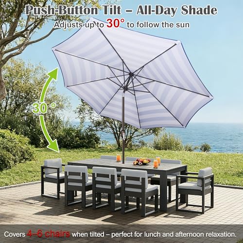 Image of Blissun 10FT Patio Umbrella, Outdoor Table Umbrella, Yard Umbrella, Market Umbrella with 8 Sturdy Ribs, Push Button Tilt and Crank, Blue & White