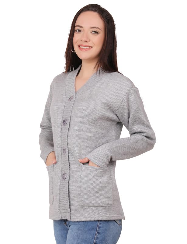 Image of MANRA Women's Woolen V-Neck Buttoned Full Sleeve Cardigan Self Design Soft Wool Fabric Winter Wear Pure Wool Sweater Fully Warm, Front Pockets Cardigan