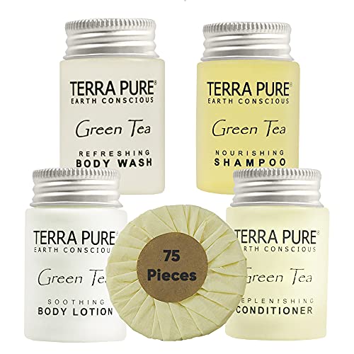 Terra Pure Hotel Soaps and Toiletries Bulk Set | 1-Shoppe All-In-Kit Amenities for Hotels | 1oz Hotel Shampoo & Conditioner, Body Wash, Body Lotion & 1.25oz Bar Soap Travel Size Toiletries | 75 Pieces