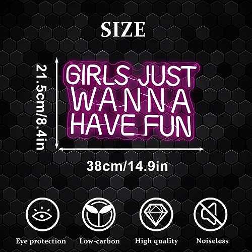 Image of Girls Just Wanna Have Fun Neon Sign for Wall Decor, Retro Style Pink LED Neon Signs, Wedding Party Girl Neon Light Sign,USB Powered for Teen Bedroom Aesthetic Wedding Party Christmas Birthday