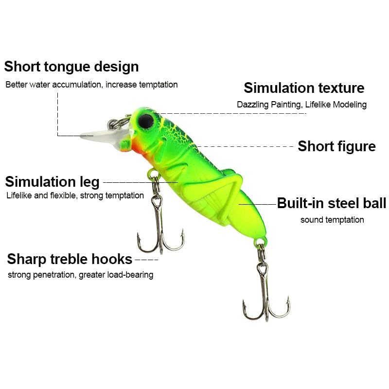 OriGlam 5pcs Grasshopper Fishing Lure Set - Topwater Crankbait For Bass, Lifelike 5.5cm Baits
