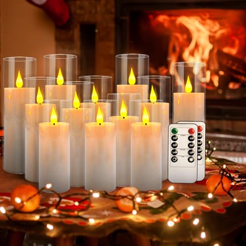 Image of 12-Pack White Acrylic Flameless LED Candle Set with Timer Remote Control-Ideal for Home Decor, Valentine's Day, Weddings, and Holiday Celebrations.