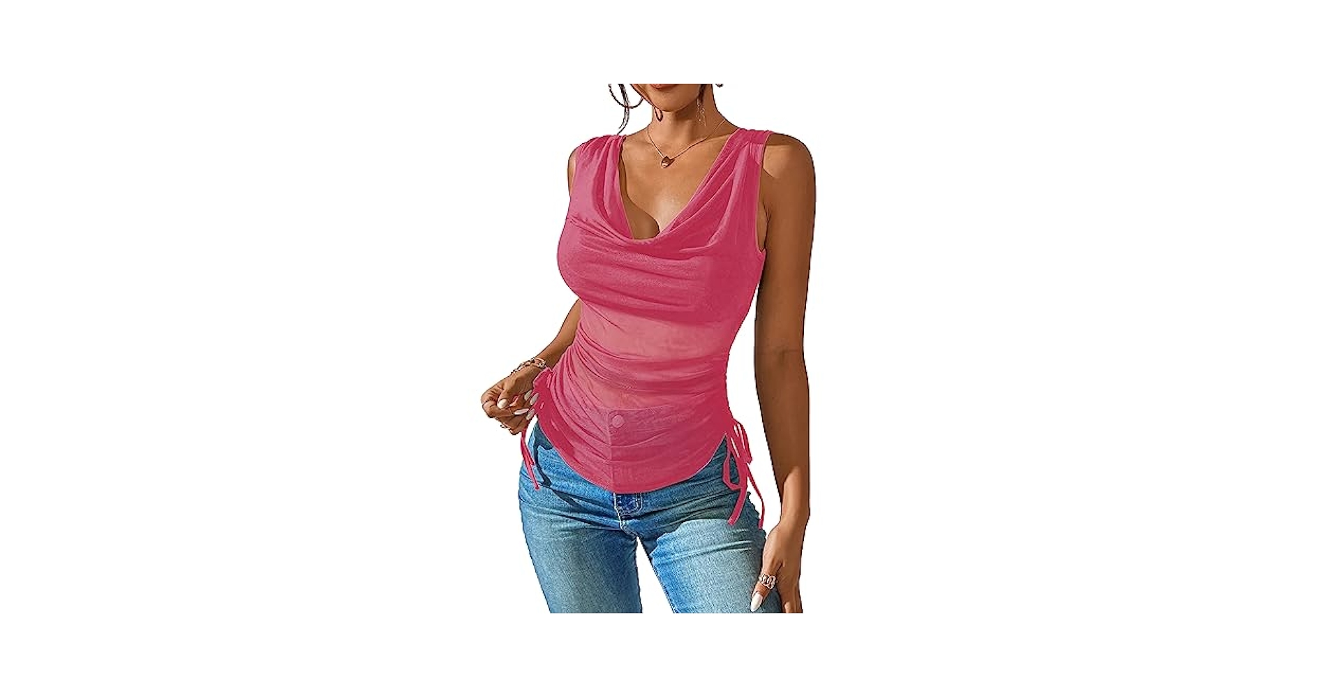 Verdusa Women's Sheer Mesh Ruched Drawstring Tie Side Draped