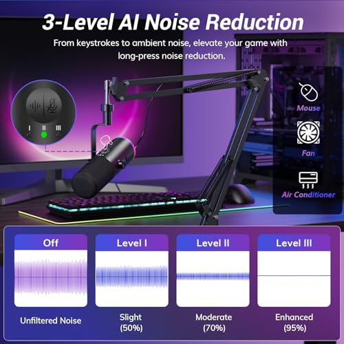 Image of TONOR Dynamic Gaming Microphone, XLR /USB Microphone for Content Creators with AI Noise Cancellation, RGB, Tap Mute, Gain Control, Microfono with Boom Arm for Streaming, Black, TD510 AIR S H+