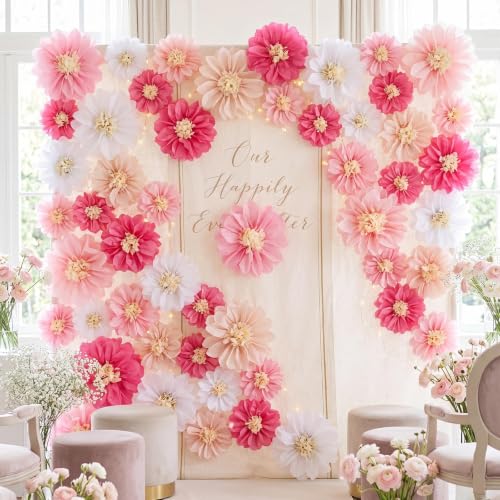Image of Cholemy 24 Pcs Tissue Paper Flowers, Crepe Paper Flowers Decorations 8 inch 10 inch 12 inch for Wedding Party Baby Bridal Shower Carnival Party Birthday Nursery Wall Decor (Pink,White)