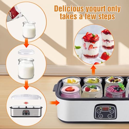 Yogurt Maker elettrico 1400 ml con 8 barattoli, display a LED e timer, macchina automatica di facile pulizia per yogurt fresco fatto in casa e formaggio