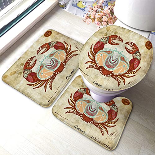 Badezimmerteppich-Set, 3-teilig, Boho-Stil, Krebs- und Symbolmuster, Digitaldruck, waschbare Badteppiche, rutschfest, mit Rückenpolster, Konturteppich und Toilettendeckelbezug