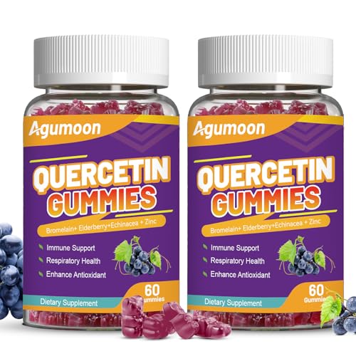Agumoon 2 Pack Quercetin Gummies 1000mg Quercetin with Bromelain Zinc Elderberry Immune & Antioxidant Support Vegan Gummies for Adults & Kids 120 Count