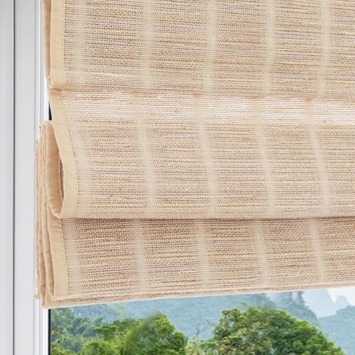 Blackout Bamboo Roman Shades Cordless, Woven Wood Natural Reef Roman