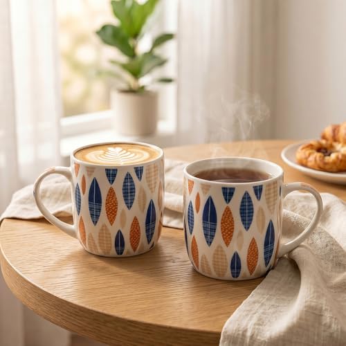 Image of UPC Coffee Mug Set of 6 | White Scandinavian Leaf Print | Blue & Orange Retro Oval Pattern | Bone China Tea & Coffee Cups | Microwave Safe | Home & Kitchen