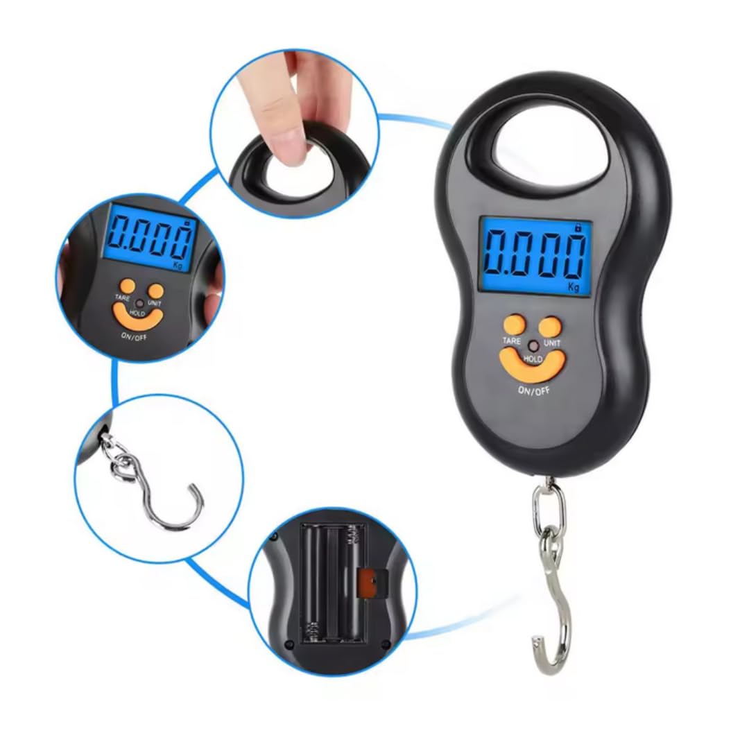PARENCE.- Balance de Pêche Électronique Portable 40 kg – Crochet Digital avec Écran LCD Rétroéclairé | Précision 10g | TARE & HOLD | Crochet de Pesée Compact pour Pêcheurs)