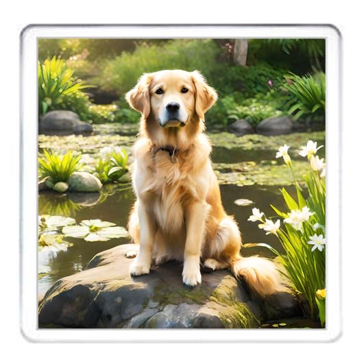 Untersetzer mit Golden Retriever-Motiv, 4 verschiedene Golden Retriever-Hundebilder auf 10 x 10 cm Acryl-Untersetzer. Untersetzer-Set in Box