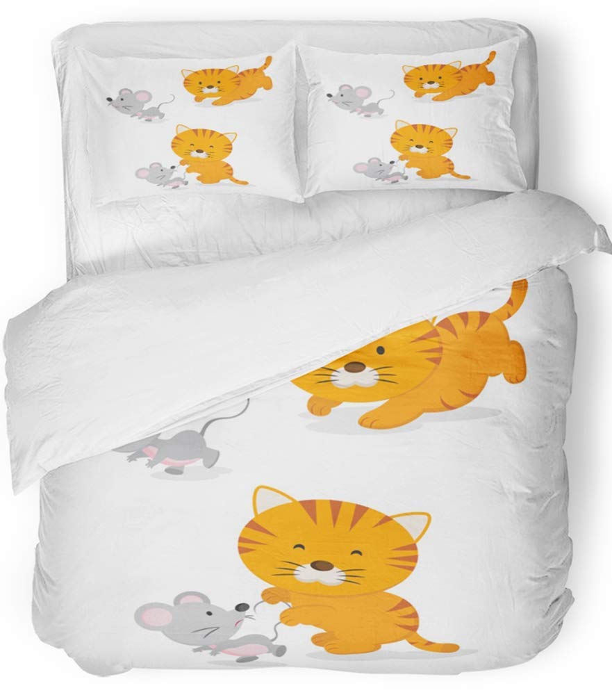 Amazon 3ピース布団カバーセット通気性起毛マイクロファイバー生地茶色猫かわいい小さな子猫キャッチマウス漫画キャッチ愛らしい動物猫寝具セット2枕 カバーツインサイズ 寝具カバーセット オンライン通販