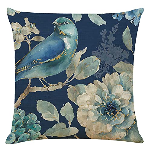 BCKAKQA Throw Pillow Covers Set of 4 Navy Blue Cushion Covers 45cm x 45cm with Floral and Birds Linen Square Decorative Throw Pillow Cases for Living Room Sofa Couch Bed Pillowcases 18 x 18 inch - Image 3