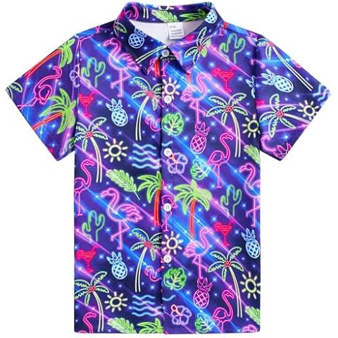 Enlifety 9T 10T Boys Neon Hawaiian Shirt Short Sleeve Flamingo Pineapple Aloha Blouse Hawaii Palm Tree Floral Button Down Shirts Tops for Summer Beach Holiday Vacation Cover