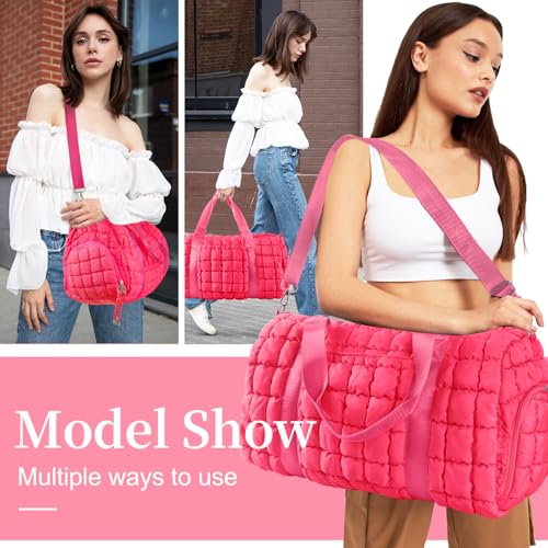 Image of Quilted Travel Duffle Bag Gym Bag for Women,Large Puffer Duffle Weekender Bag with Compartment,Workout Overnight Carry on Organizer Bag Duffle Bag for Airplane Travel(Rosered)