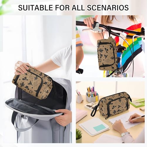 Image of Western Cowboy Brown Pencil Case Pouch Big Capacity Pencil Bag Box Organizer Pen Case with Handle Stationery Organizer for Girls Boys Women School College Office