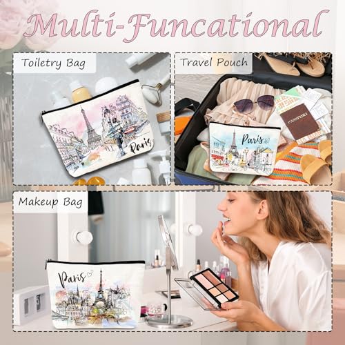 Paris Gifts Travel Essentials - 4Pcs Eiffel Tower Makeup Bag, France Paris City Watercolor Cosmetic Bags with Zipper Pouch, Weekend Vacation Trip Gifts for Travellers Women Girls4