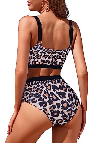 Image of Womens High Waisted Bikini Sets Sporty Crop Top Color Block Swimwear Bandeau Scoop Neck Vintage Two Piece Bathing Suits