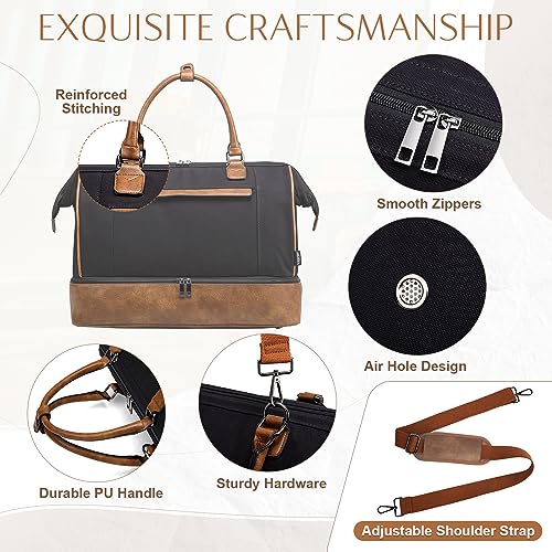 Travel Duffle Bag for Women,Vaschy 17'' Canvas Under Seat Carry On Weekender Overnight Duffel Tote Bag with Trolley sleeve/Shoe Compartment/Tolietry Bag Set for Travelling,Gym Black and Brown Leather4
