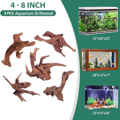 Image of WDEFUN Natural Driftwood for Aquarium Decor, 5-Piece 5''-8'' Large Driftwood for Decorations on Fish Tank, Reptiles Bearded Dragon Accessories or Air Plants