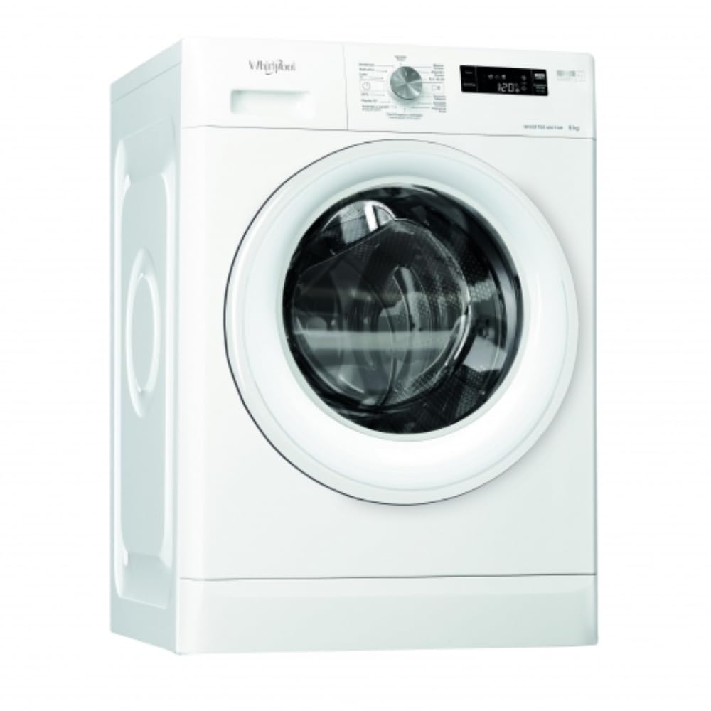 Whirlpool FFS9258WSP front-load washing machine, white, with a dark door and control panel.