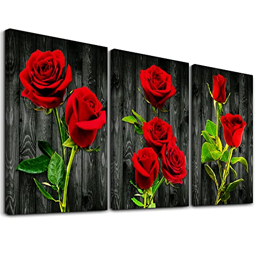 Canvas Wall Art For Bedroom Family Wall Decor For Living Room Modern Wall Decorations For Bathroom Dormitory Wall Painting Kitchen Canvas Art Red Roses Canvas Pictures Artwork Home Decoration 3 Pieces #TOP4