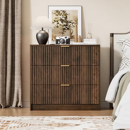 Image of Furniway 31.5 inch Large Nightstand with 3 Drawers, Fluted Bedside Table, Modern Tall End Table with Storage, Wood Night Stand Organizer Cabinet for Bedroom, Walnut