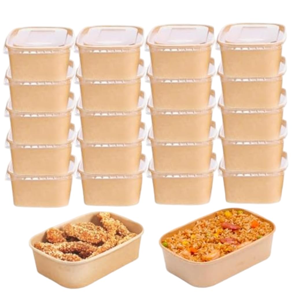 Grtheenumb Takeaway Boxes, 20 Pack Takeaway Containers With Lids, 750ml Meal Prep Containers, Disposable Paper Salad Bowls With Transparent Pp Lids For Takeout, Camping And Daily Meals