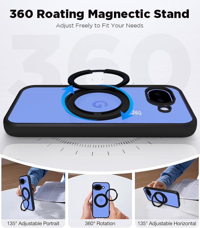 Image of RIGGEAR Shockproof Sleek Hybrid Armor 360 Rotating Magnetic Ring Stand Back Cover Case Compatible with MagSafe Accessories for Google Pixel 10a (Clear PC + Black TPU Bumper)