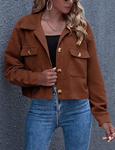 Flygo Women Fashion Cropped Jacket Corduroy Shacket Button Down Shirt Crop Jackets Lightweight 2024 Trendy Fall Shackets(Brown-S)4