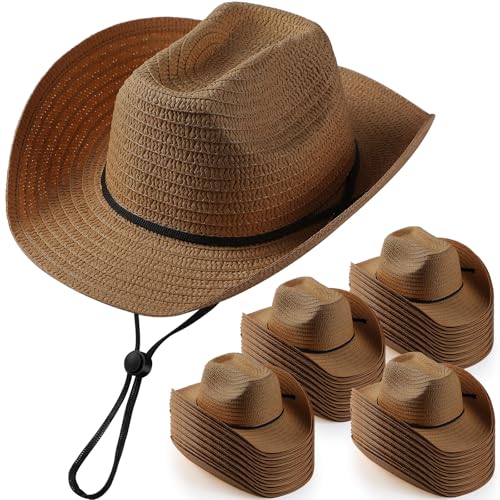 Unittype 48 Pcs Adult Cowboy Hat Bulk Western Party Straw Hat Unisex Cowboy Cowgirl Set for Women Men (Brown)