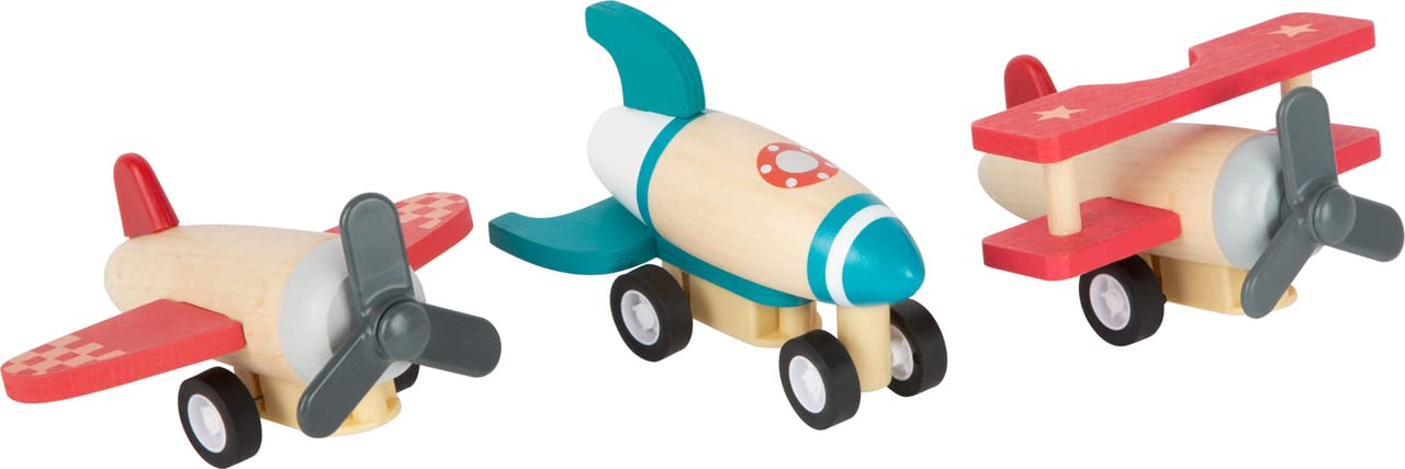 11884 Set de Aviónes y Cohete, Small Foot, con Tres Grandes voladores, Madera Resistente, a Partir Desde 12 Meses.