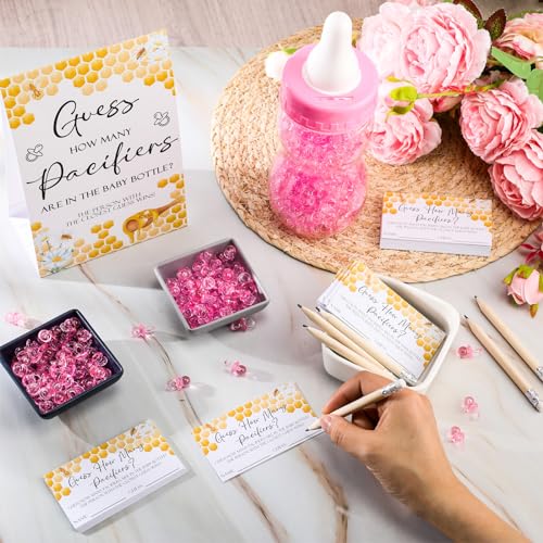 Image of Roowest 512 Pcs Baby Shower Games Guess How Many Pacifiers Sign 100 Small Guessing Games 10 HB Pencils 750ml Milk Bottle 400 Acrylic Pacifiers Decoration for Guest Gender Reveal(Pink,Bee)